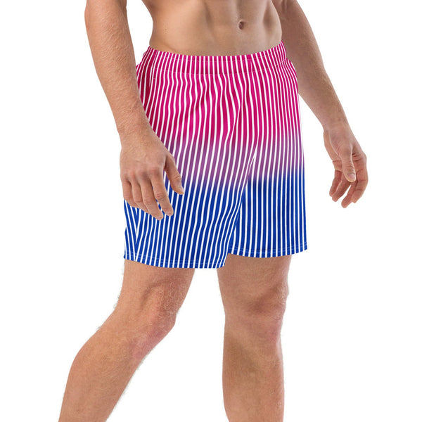 Pinstriped bi pride swim trunks with bisexual flag colors – PRIDE 7® LGBTQ+ swimwear for men