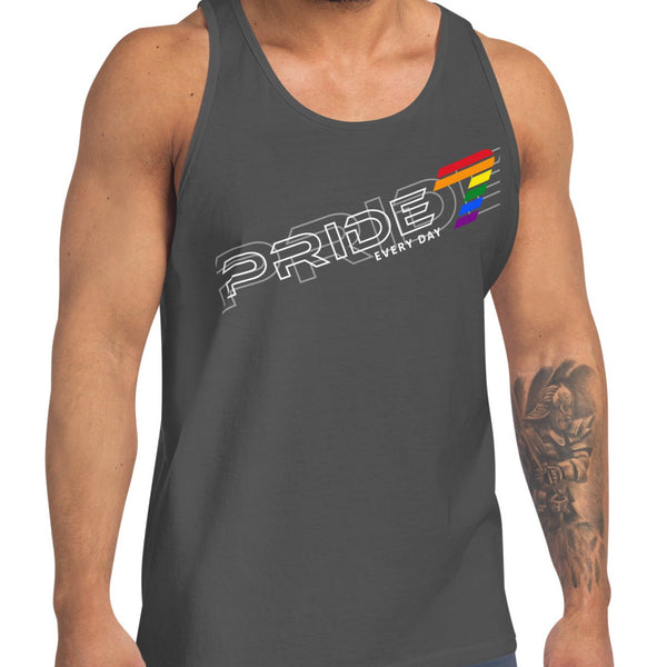Gay Pride 7 White Tilted Overlapped Outline Logo Unisex Tank Top