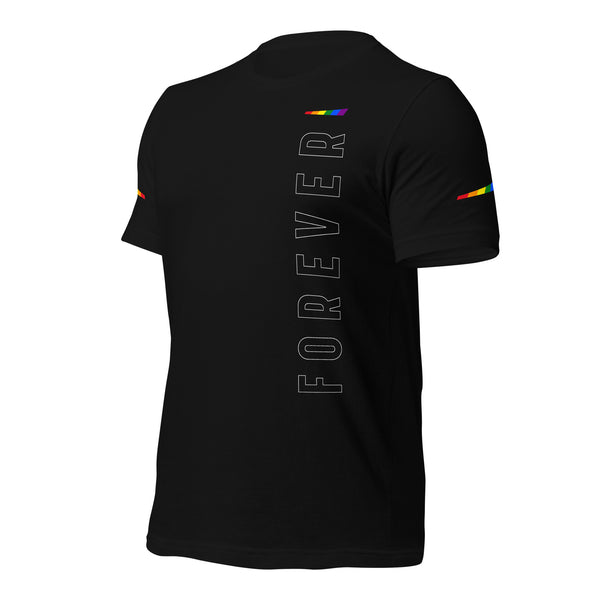 Forever Gay Pride Slanted Vertical Outline Graphic with Sleeve Accents Unisex T-shirt