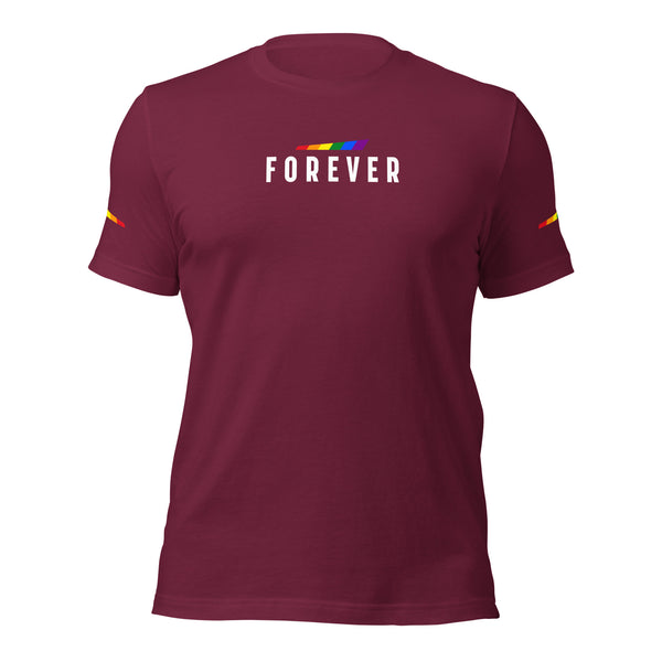 Forever Gay Pride Slanted Curved Graphic with Sleeve Accents Unisex T-shirt