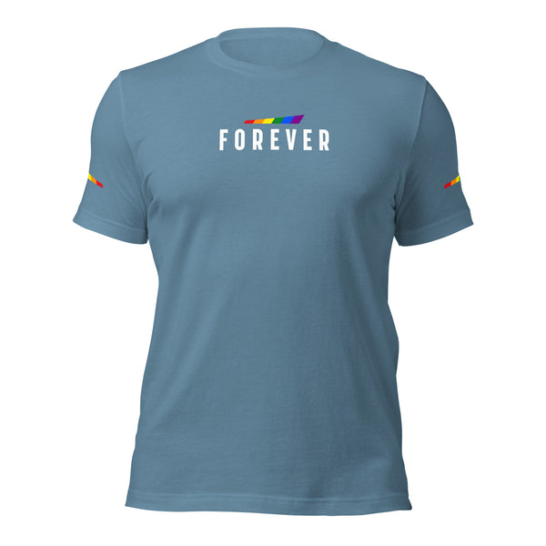 Forever Gay Pride Slanted Curved Graphic with Sleeve Accents Unisex T-shirt
