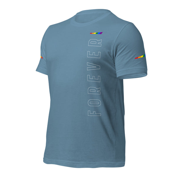 Forever Gay Pride Slanted Vertical Outline Graphic with Sleeve Accents Unisex T-shirt