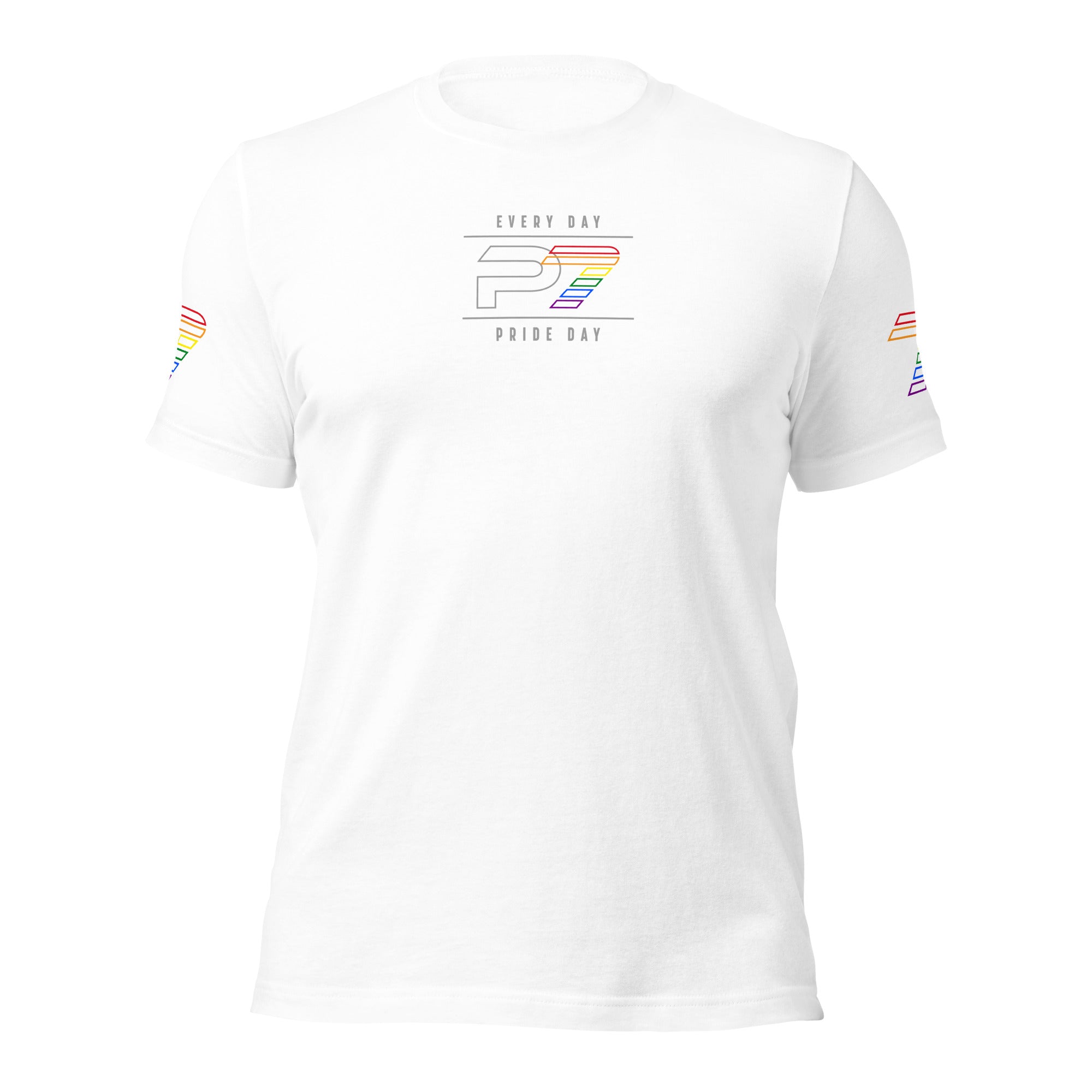 P7 Gay Pride 7 Front Logo with Seven Logos on Sleeves Unisex T