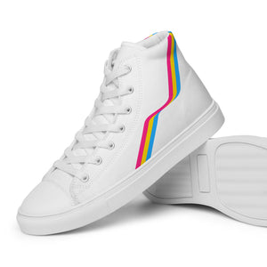 A pair of white high top shoes with Pansexual Pride color stripes on the side, featuring a lace-up front.
