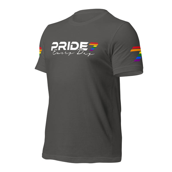 Gay Pride Every Day White Cursive Printed Sleeves 7 Logo Unisex T-shirt