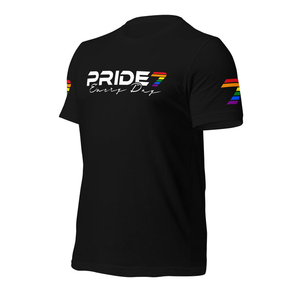 Gay Pride Every Day White Cursive Printed Sleeves 7 Logo Unisex T-shirt