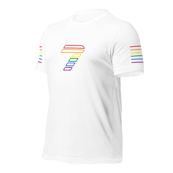 Gay Pride 7 Seven Front Logo with Rainbow Striped Sleeves Unisex T-shirt